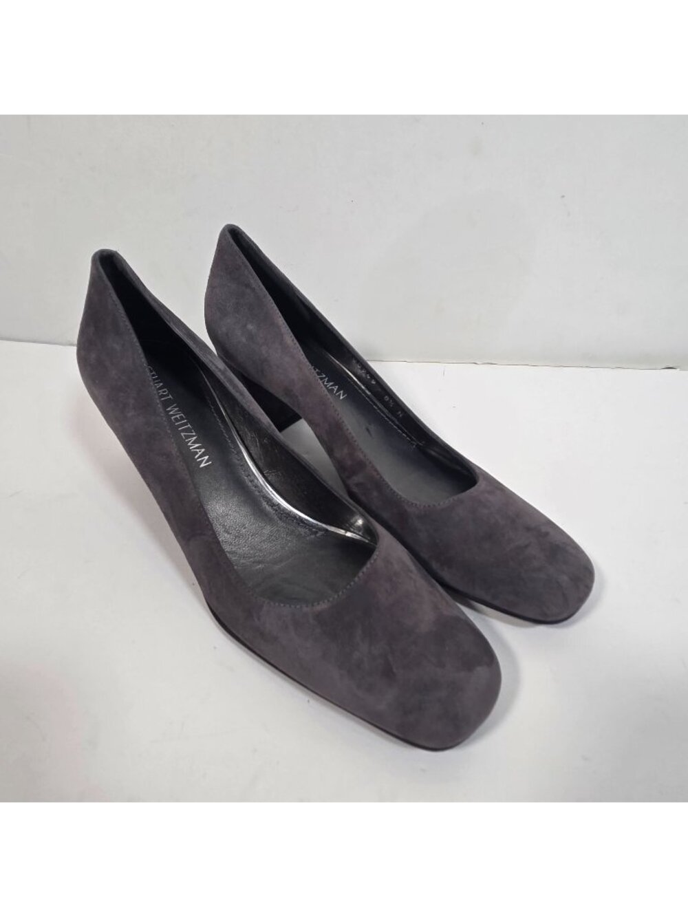 Stuart Weitzman Gray Suede Square Toe Block Heel Pumps 8.5